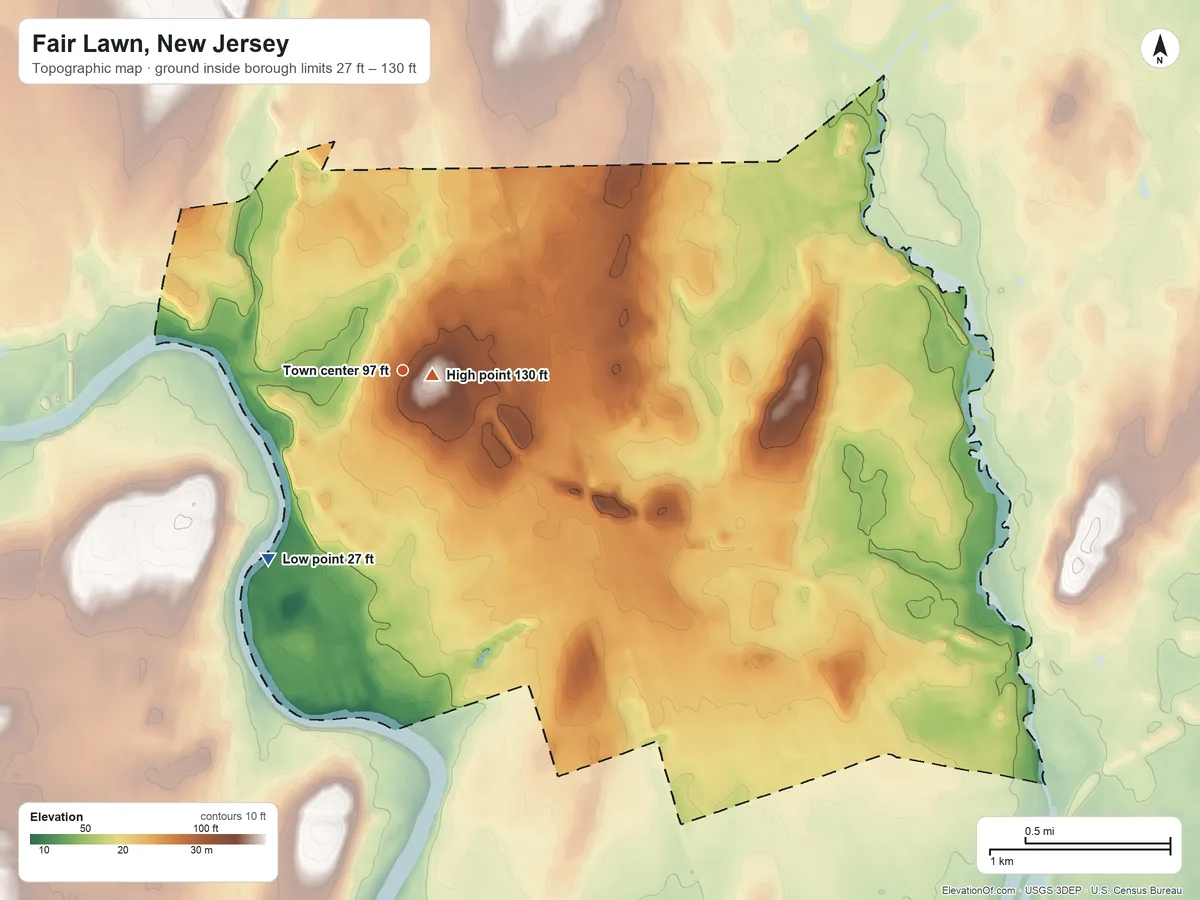 Topographic elevation map of Fair Lawn, New Jersey, shaded from 27 ft on the southwest side to 130 ft near the middle