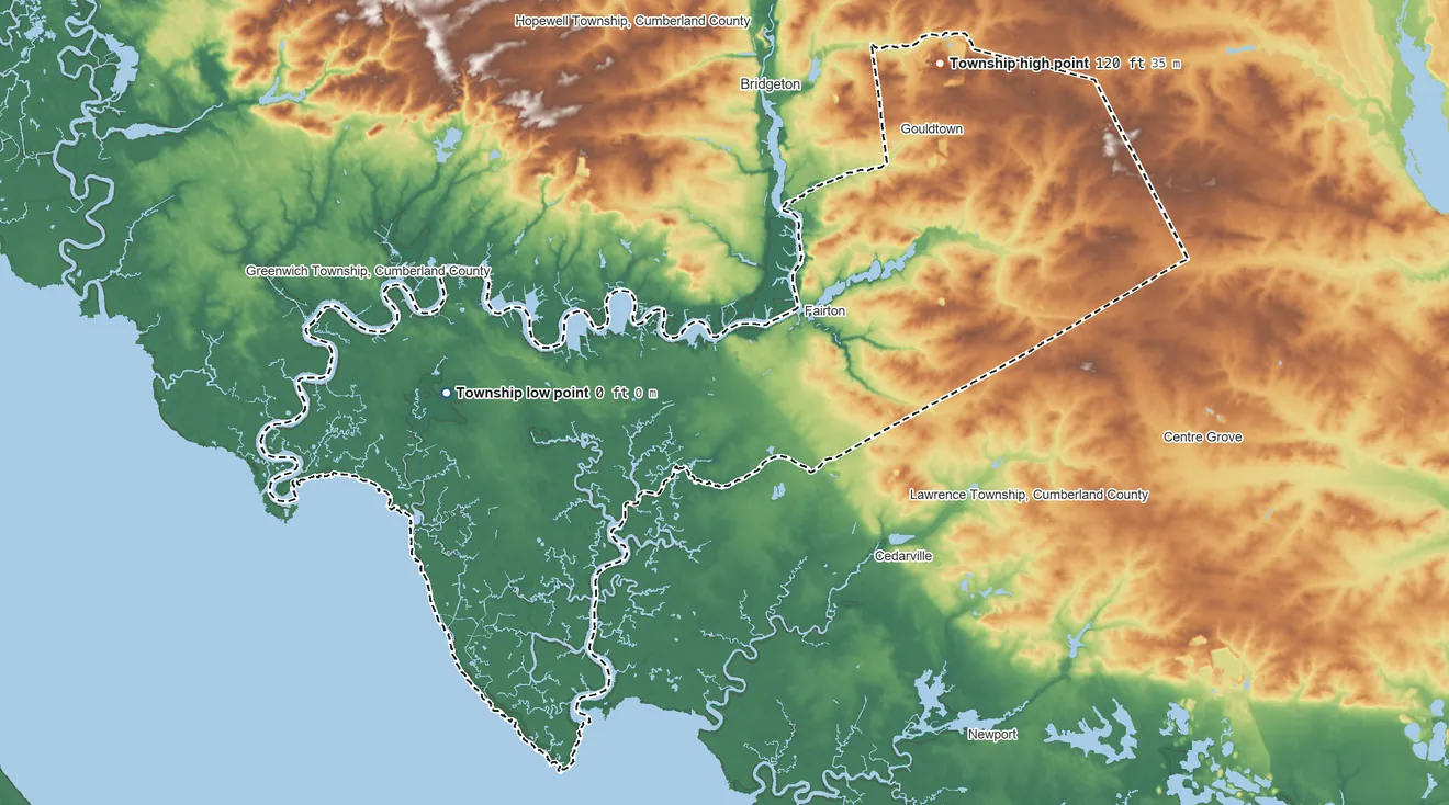 Topographic elevation map of Fairfield Township, Cumberland County, New Jersey, shaded from 0 ft on the west side to 120 ft on the north side