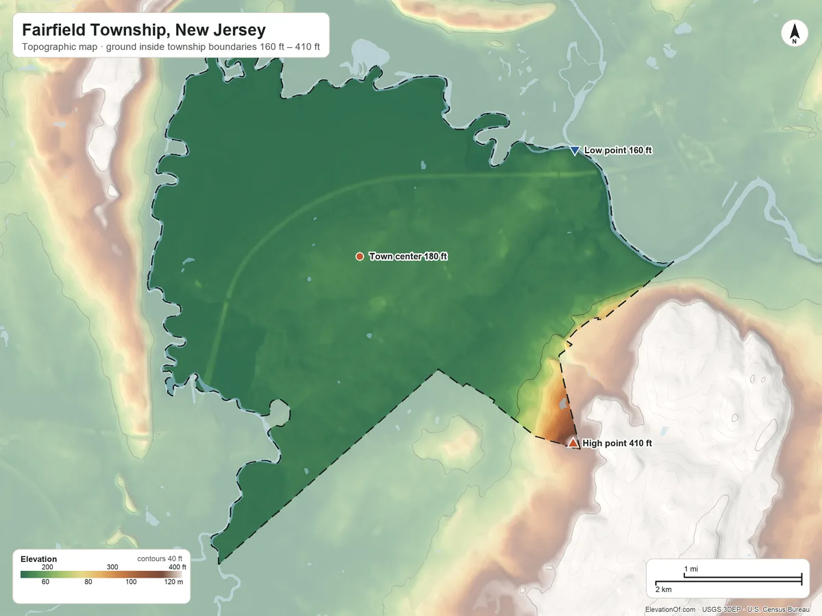 Topographic elevation map of Fairfield Township, New Jersey, shaded from 160 ft on the northeast side to 410 ft on the southeast side