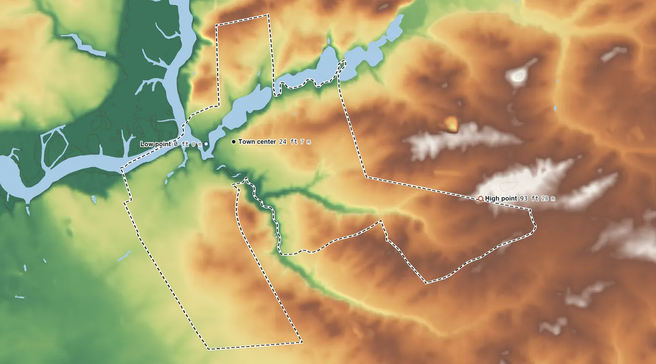 Topographic elevation map of Fairton, New Jersey, shaded from 0 ft near the middle to 93 ft on the east side