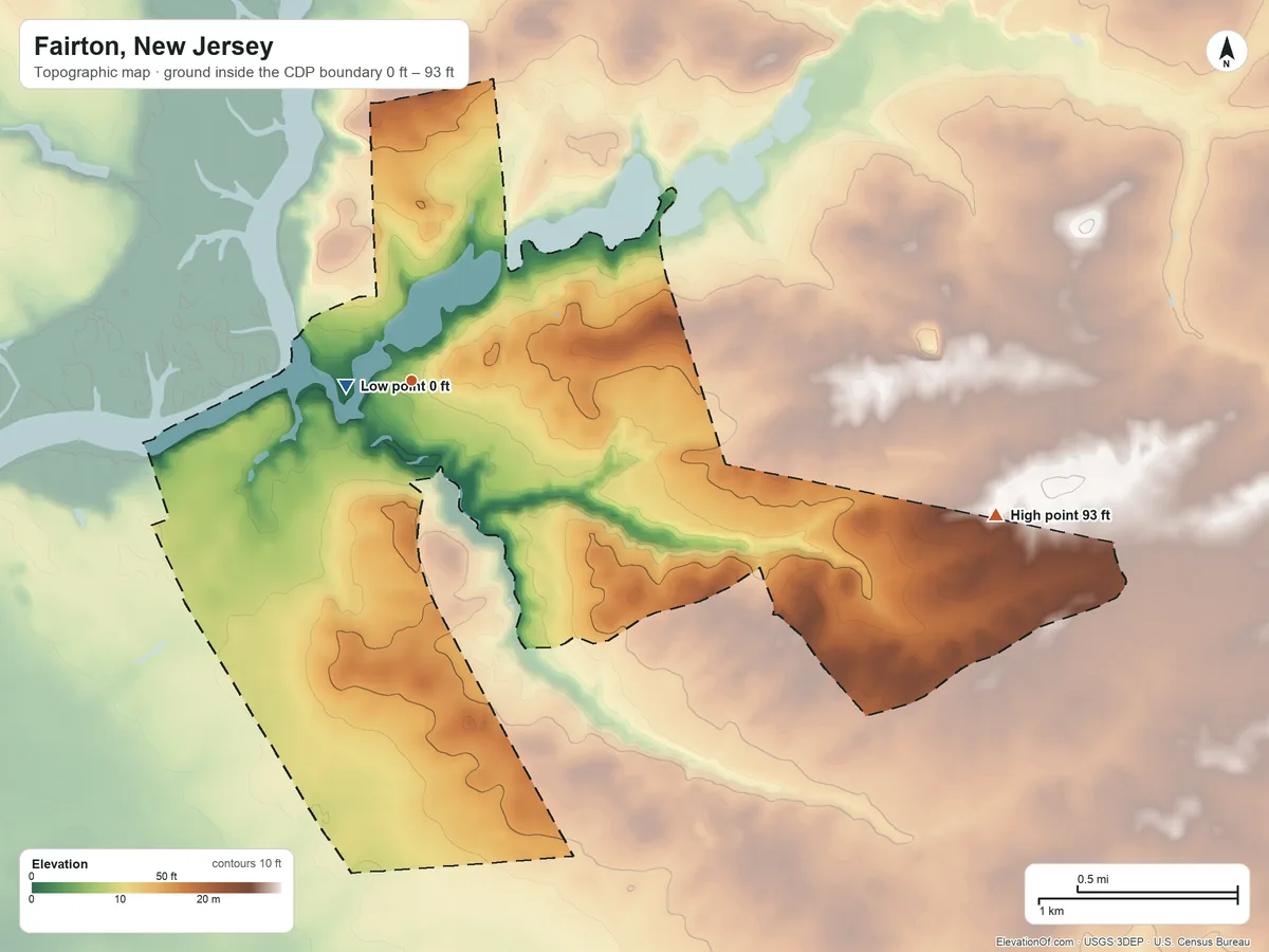 Topographic elevation map of Fairton, New Jersey, shaded from 0 ft near the middle to 93 ft on the east side