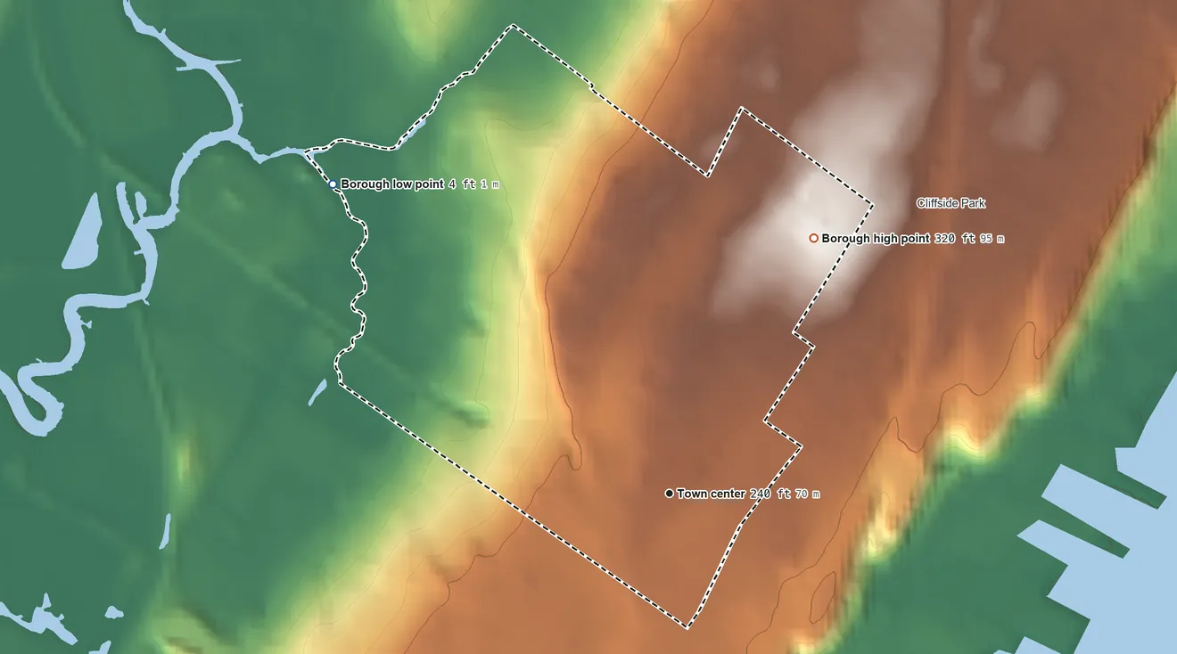 Topographic elevation map of Fairview, New Jersey, shaded from 4 ft on the northwest side to 320 ft on the northeast side