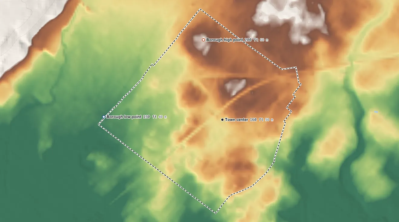 Topographic elevation map of Fanwood, New Jersey, shaded from 130 ft on the west side to 200 ft on the north side