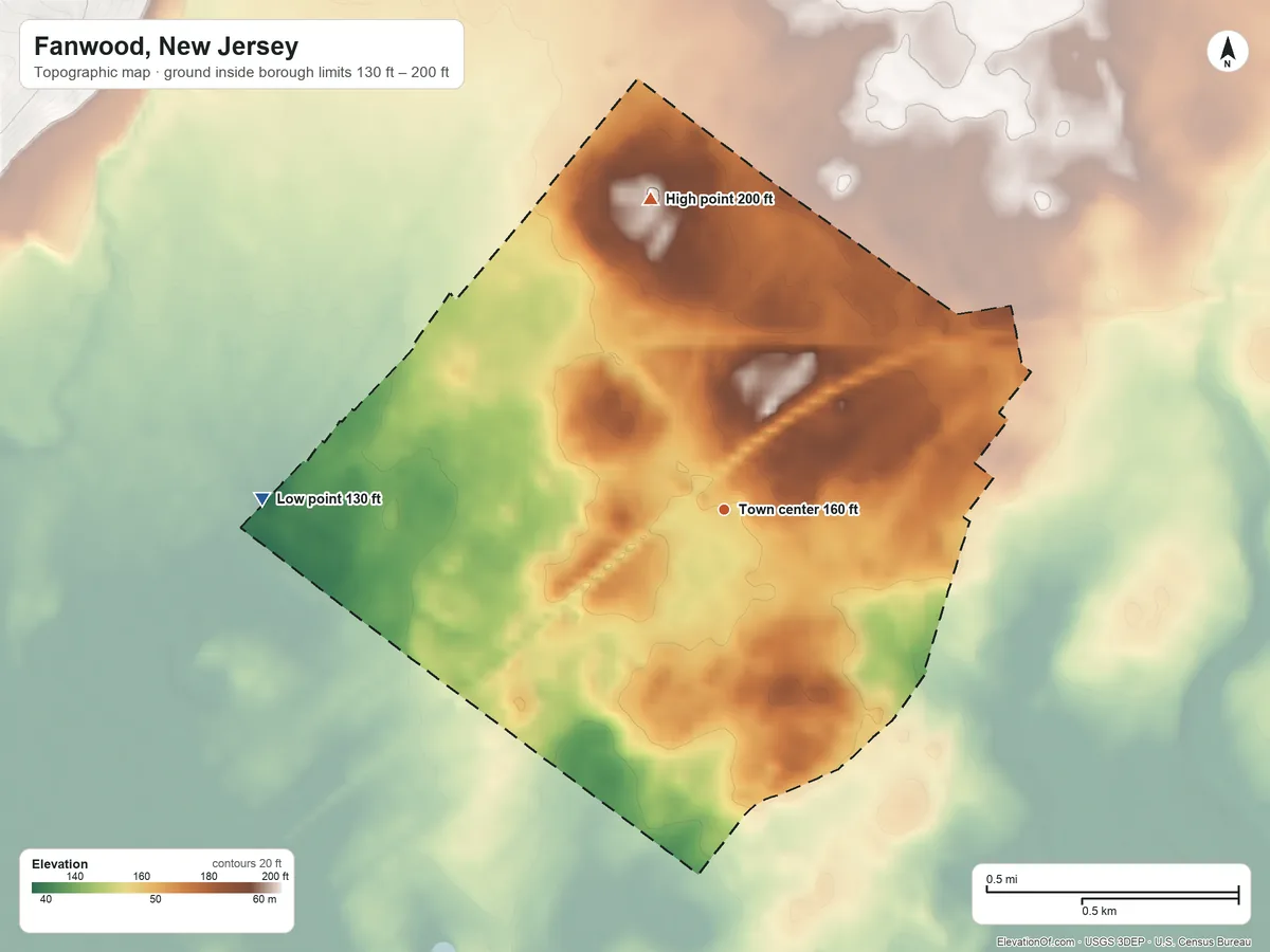 Topographic elevation map of Fanwood, New Jersey, shaded from 130 ft on the west side to 200 ft on the north side