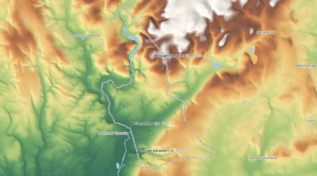Topographic elevation map of Far Hills, New Jersey, shaded from 130 ft on the south side to 620 ft on the north side