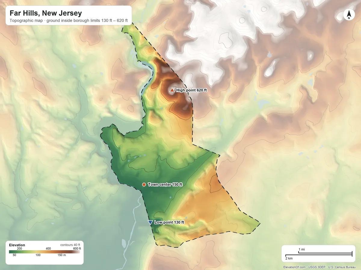 Topographic elevation map of Far Hills, New Jersey, shaded from 130 ft on the south side to 620 ft on the north side