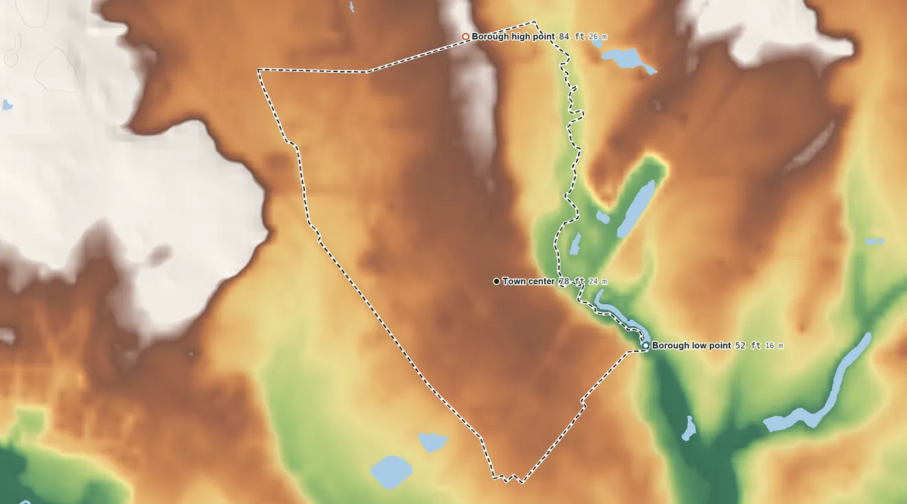 Topographic elevation map of Farmingdale, New Jersey, shaded from 52 ft on the southeast side to 84 ft on the north side