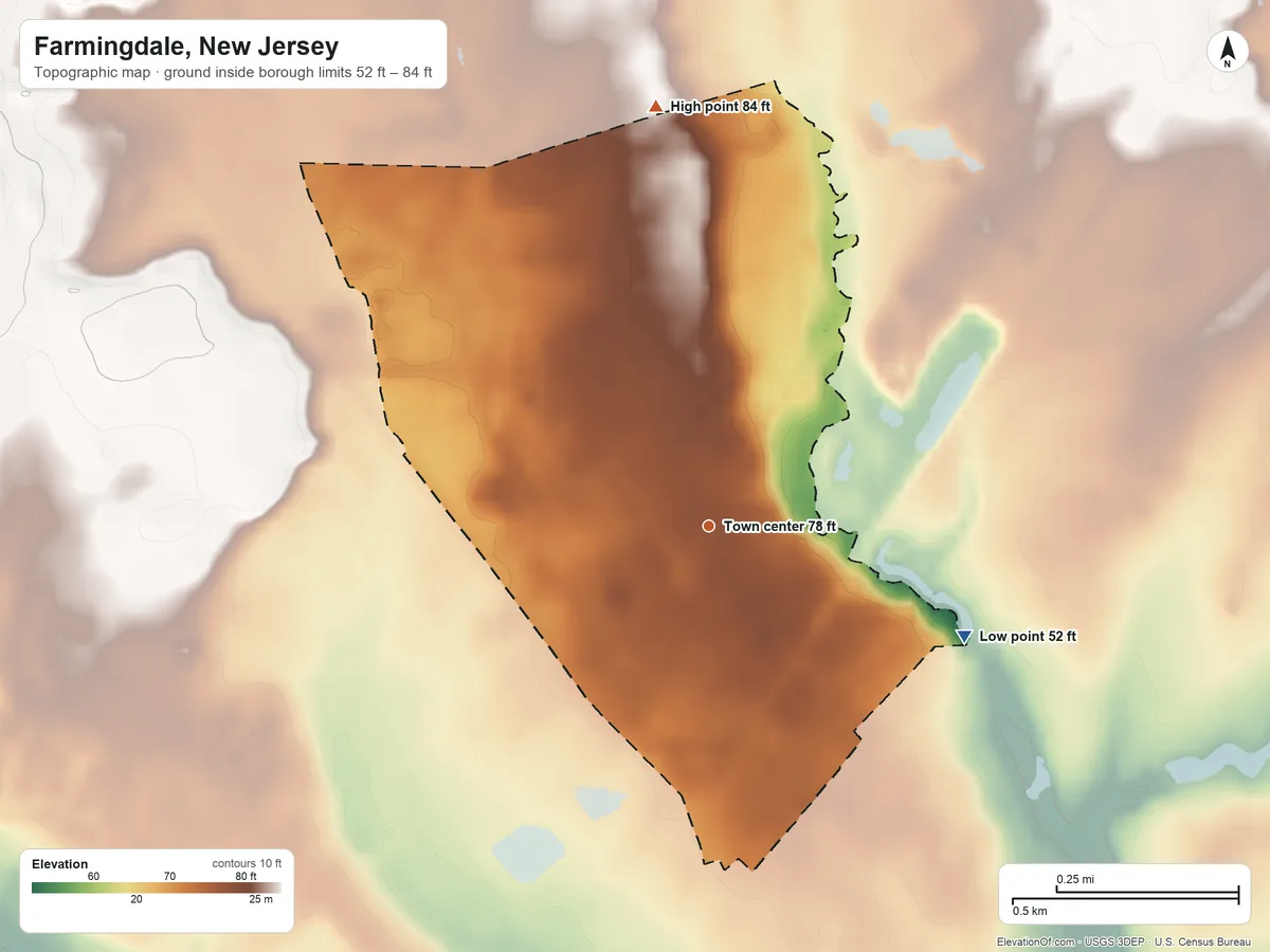 Topographic elevation map of Farmingdale, New Jersey, shaded from 52 ft on the southeast side to 84 ft on the north side