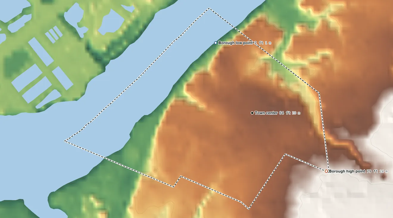 Topographic elevation map of Fieldsboro, New Jersey, shaded from 2 ft on the northwest side to 79 ft on the southeast side