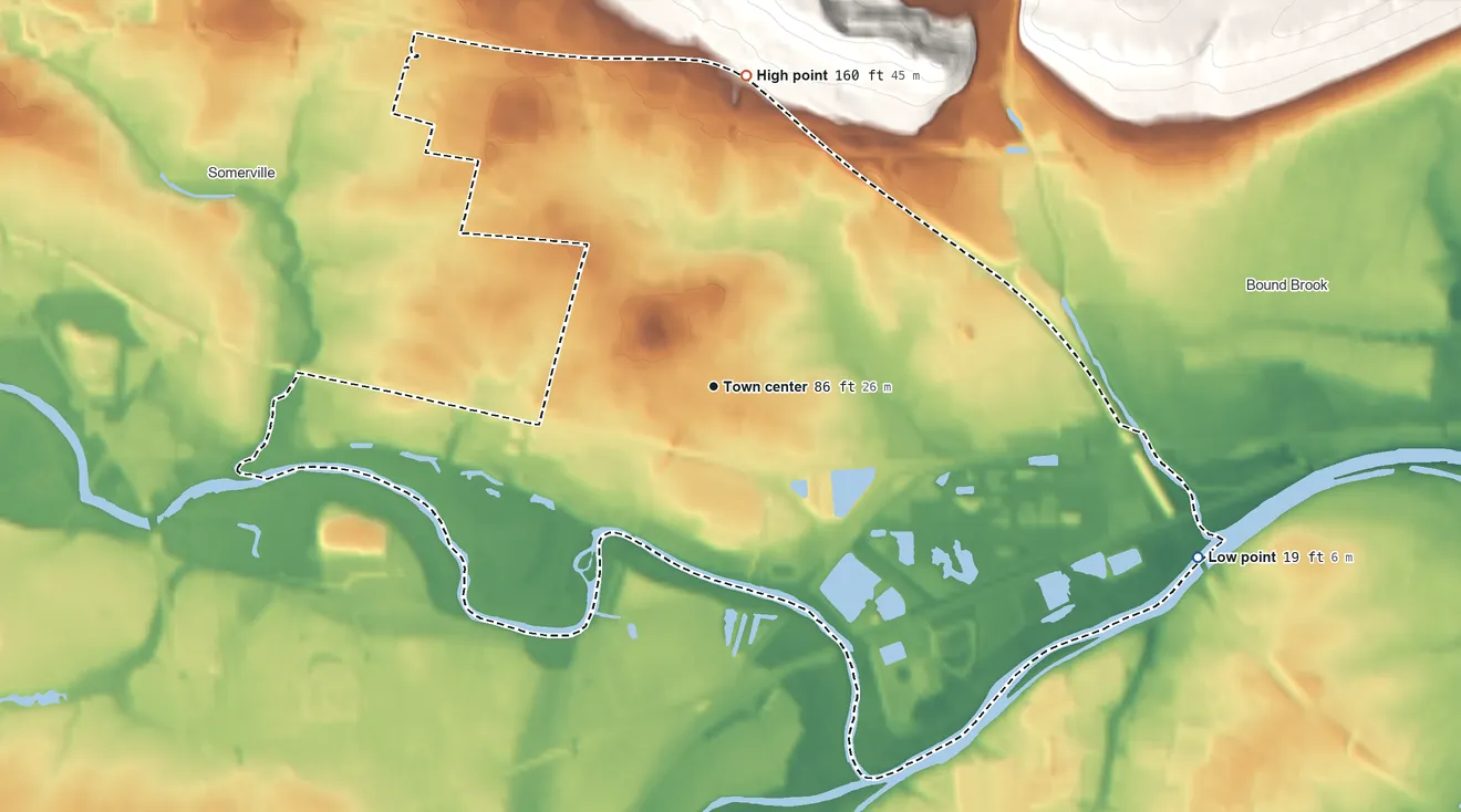 Topographic elevation map of Finderne, New Jersey, shaded from 19 ft on the east side to 160 ft on the north edge, below higher ground just outside