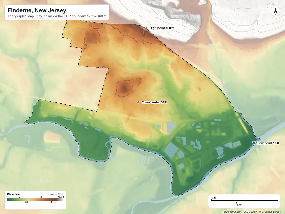Topographic elevation map of Finderne, New Jersey, shaded from 19 ft on the east side to 160 ft on the north edge, below higher ground just outside