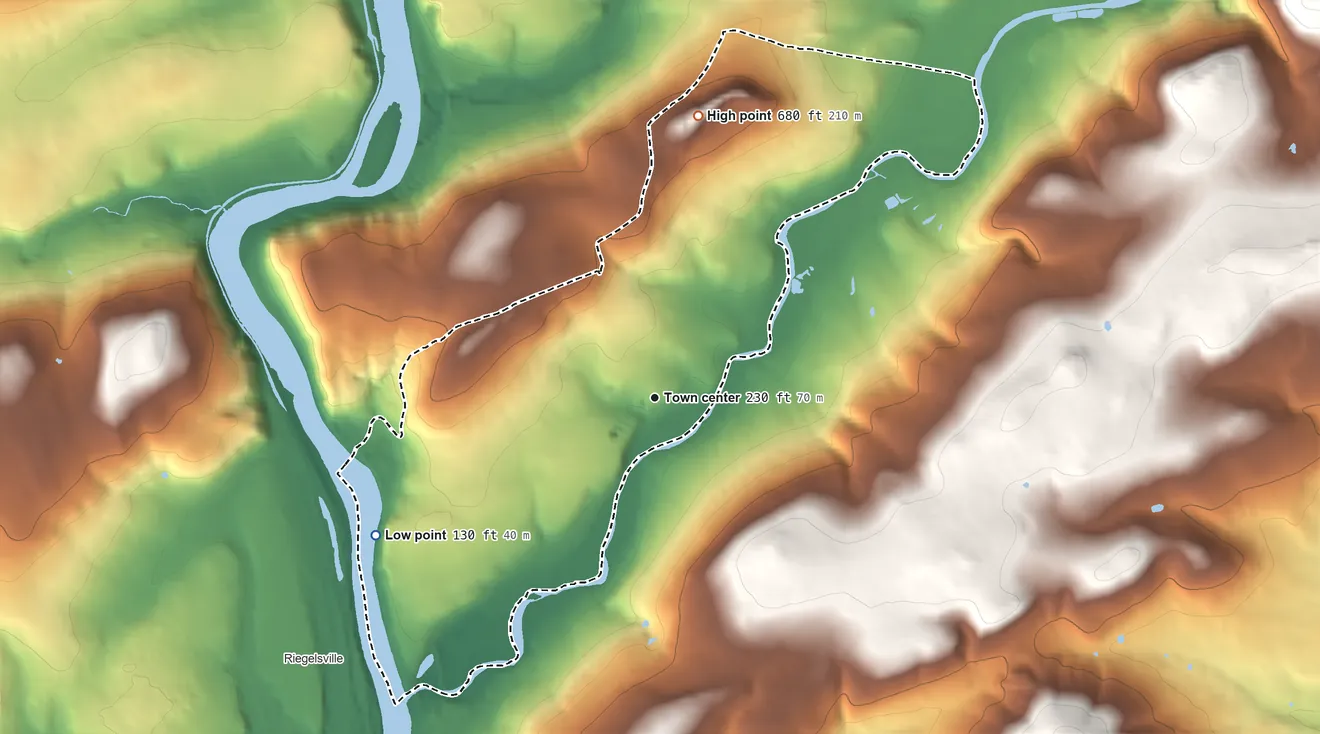 Topographic elevation map of Finesville, New Jersey, shaded from 130 ft on the southwest side to 680 ft on the north side