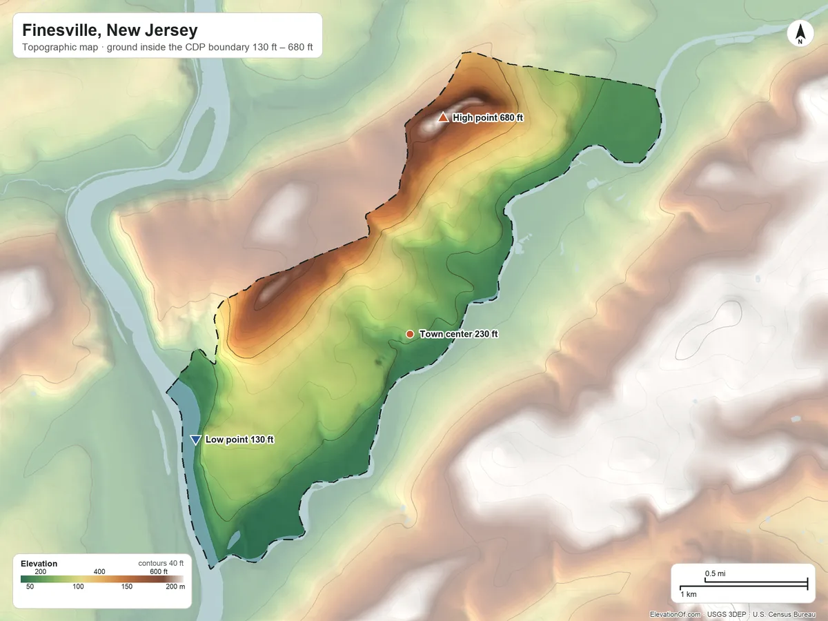 Topographic elevation map of Finesville, New Jersey, shaded from 130 ft on the southwest side to 680 ft on the north side