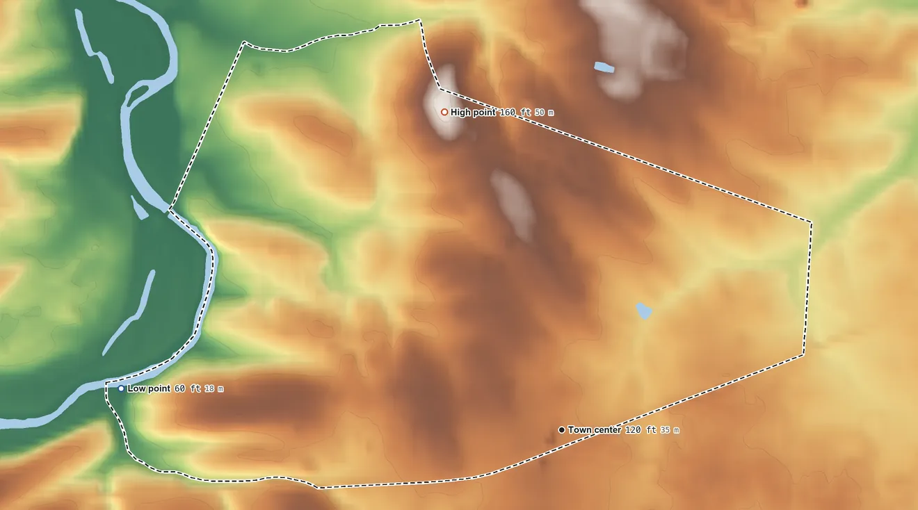 Topographic elevation map of Flagtown, New Jersey, shaded from 60 ft on the west side to 160 ft on the north side