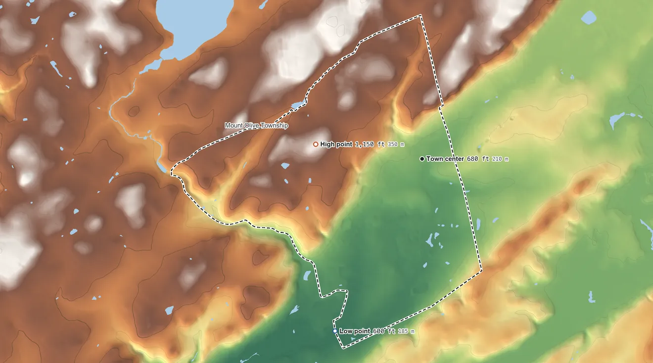 Topographic elevation map of Flanders, New Jersey, shaded from 600 ft on the southwest side to 1,150 ft on the west side