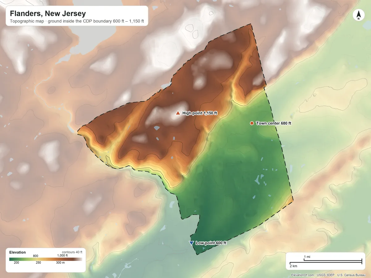 Topographic elevation map of Flanders, New Jersey, shaded from 600 ft on the southwest side to 1,150 ft on the west side
