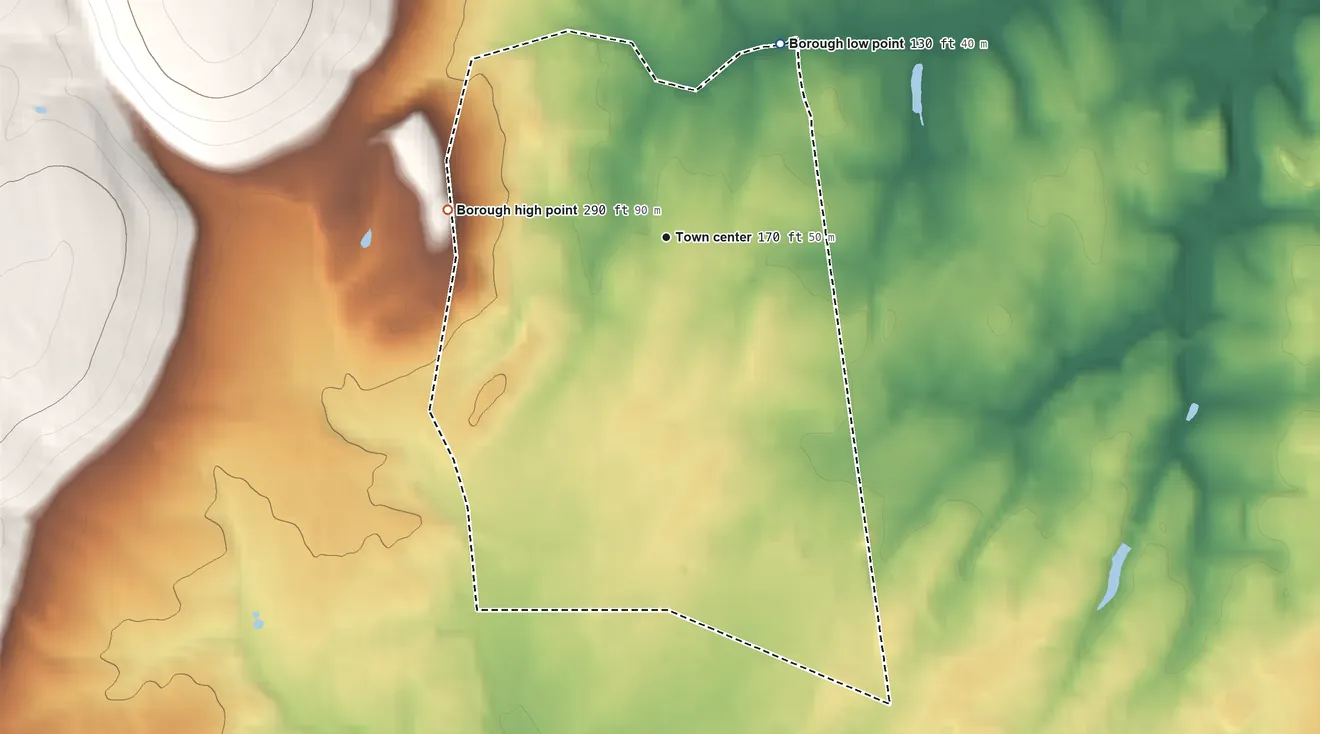 Topographic elevation map of Flemington, New Jersey, shaded from 130 ft on the northeast side to 290 ft on the west side