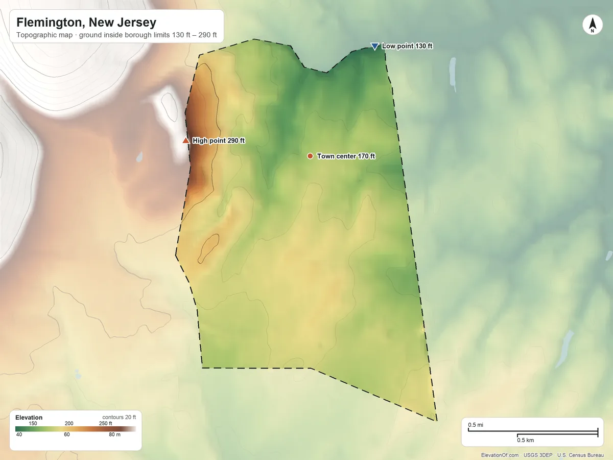 Topographic elevation map of Flemington, New Jersey, shaded from 130 ft on the northeast side to 290 ft on the west side
