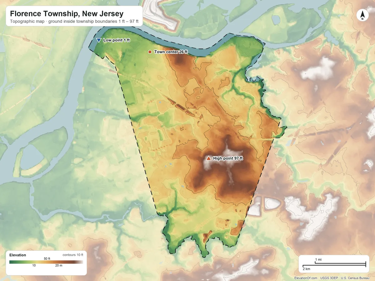 Topographic elevation map of Florence Township, New Jersey, shaded from 1 ft on the west side to 97 ft on the southeast side