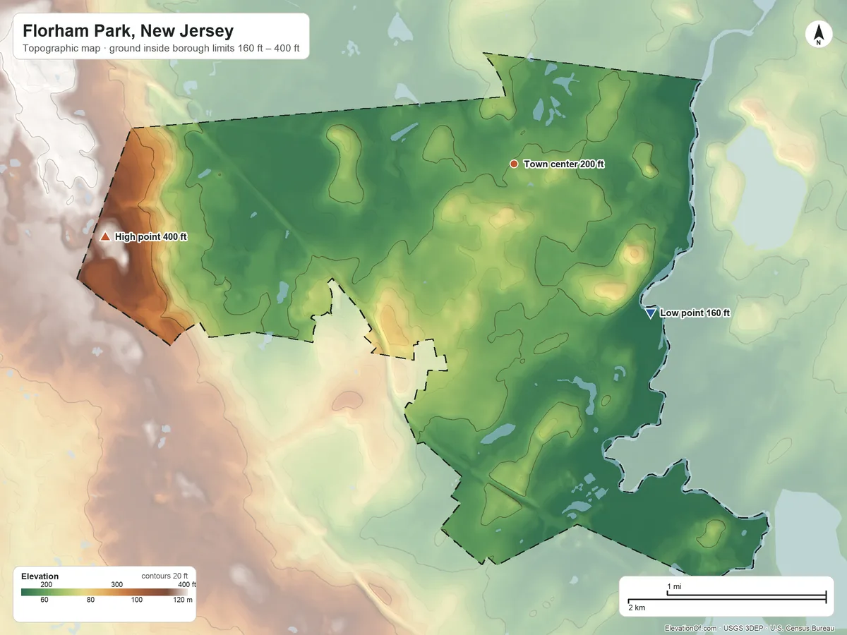 Topographic elevation map of Florham Park, New Jersey, shaded from 160 ft on the southeast side to 400 ft on the west side