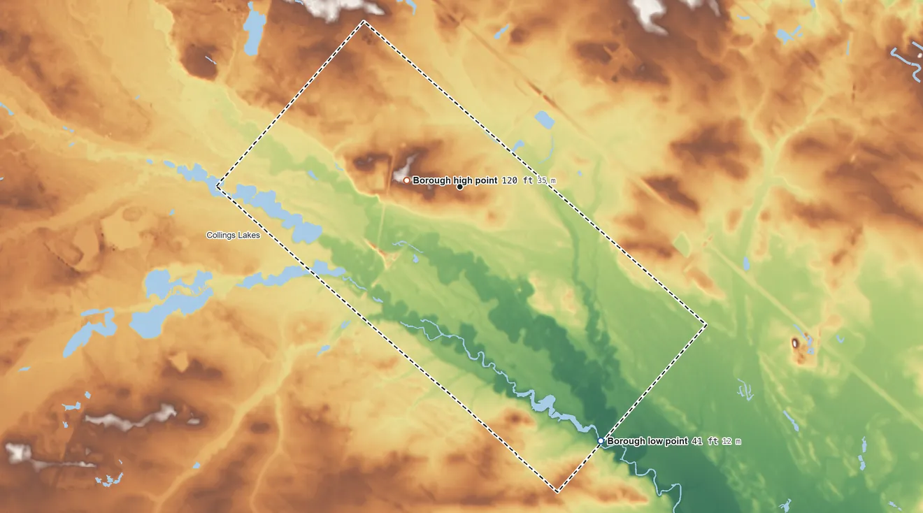 Topographic elevation map of Folsom, New Jersey, shaded from 41 ft on the southeast side to 120 ft near the middle
