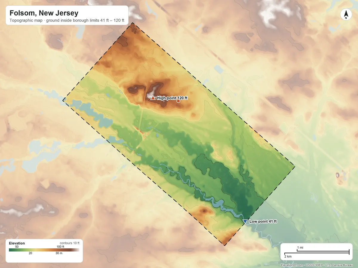 Topographic elevation map of Folsom, New Jersey, shaded from 41 ft on the southeast side to 120 ft near the middle
