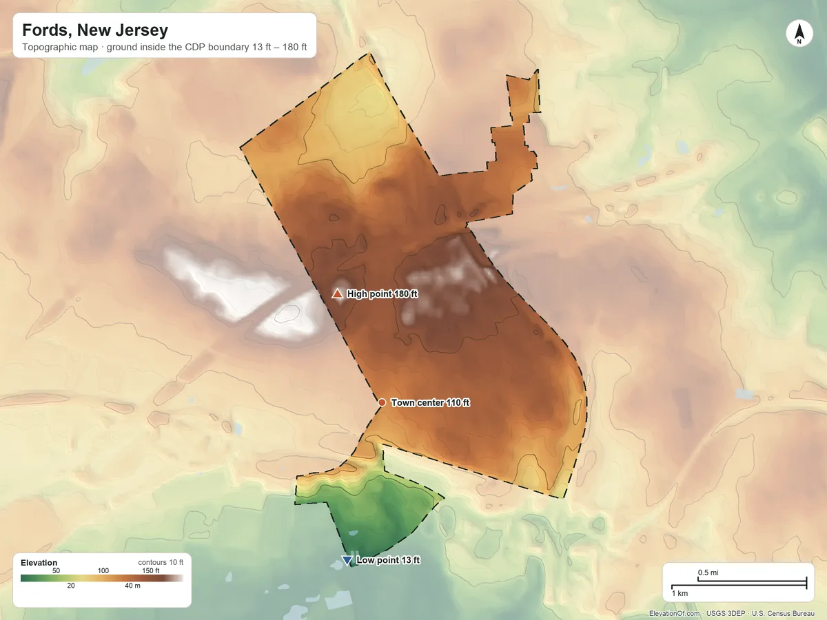 Topographic elevation map of Fords, New Jersey, shaded from 13 ft on the south side to 180 ft on the north side