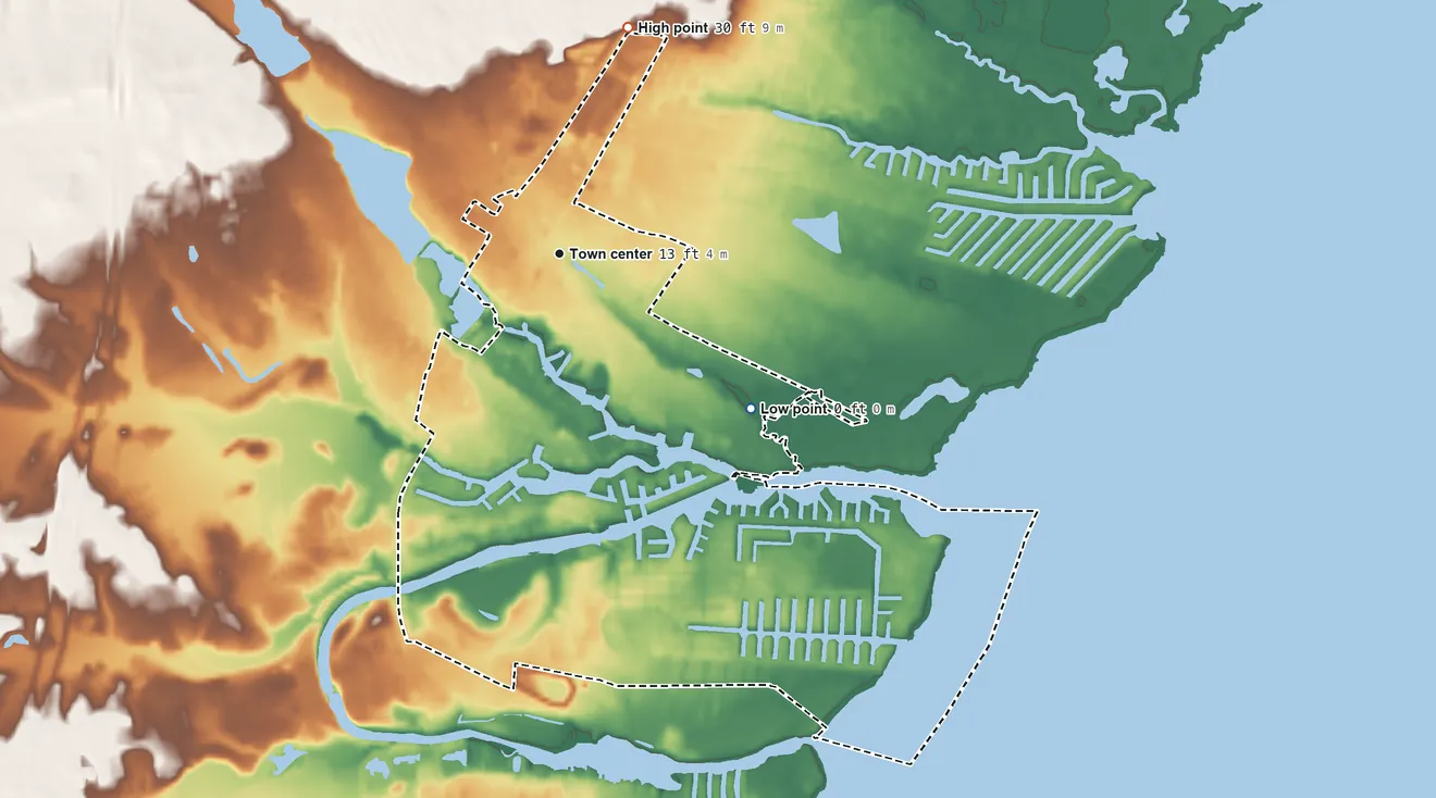 Topographic elevation map of Forked River, New Jersey, shaded from sea level level on Barnegat Bay to 30 ft on the north side