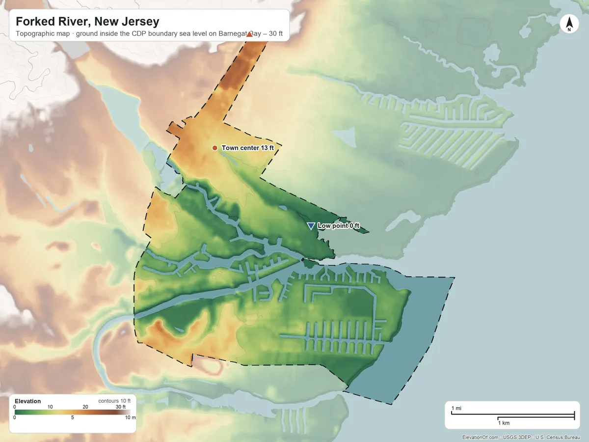 Topographic elevation map of Forked River, New Jersey, shaded from sea level level on Barnegat Bay to 30 ft on the north side