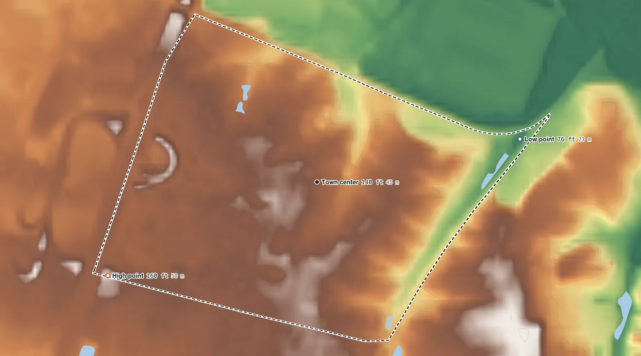 Topographic elevation map of Forsgate, New Jersey, shaded from 76 ft on the east side to 160 ft on the southwest side