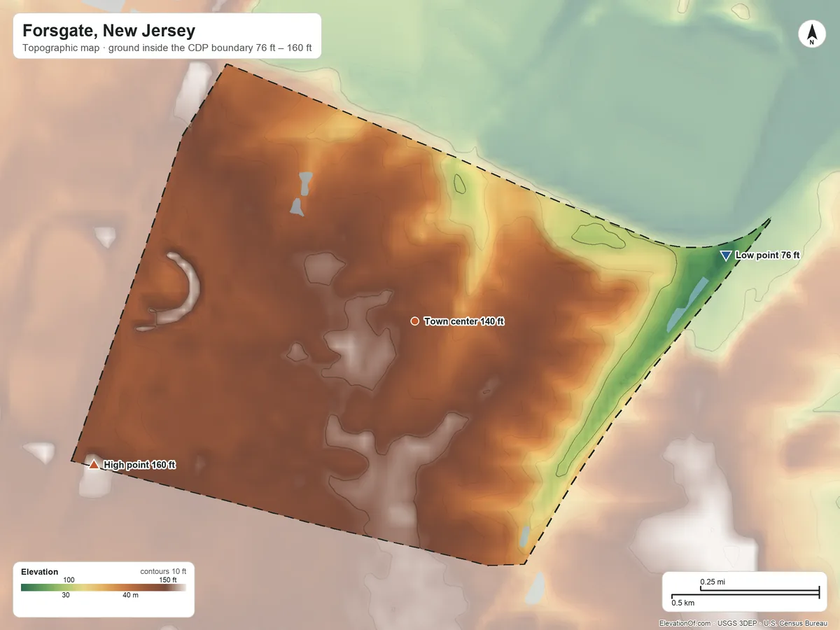 Topographic elevation map of Forsgate, New Jersey, shaded from 76 ft on the east side to 160 ft on the southwest side