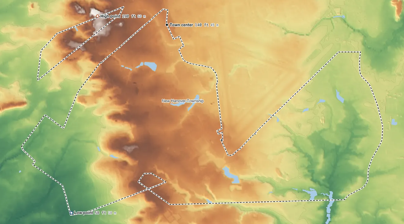 Topographic elevation map of Fort Dix, New Jersey, shaded from 58 ft on the southwest side to 190 ft on the west side
