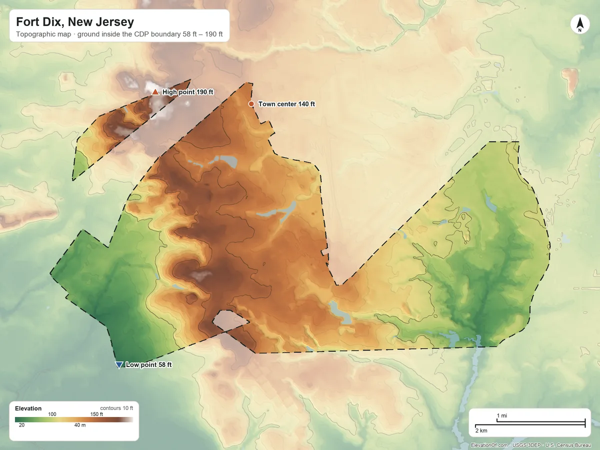 Topographic elevation map of Fort Dix, New Jersey, shaded from 58 ft on the southwest side to 190 ft on the west side