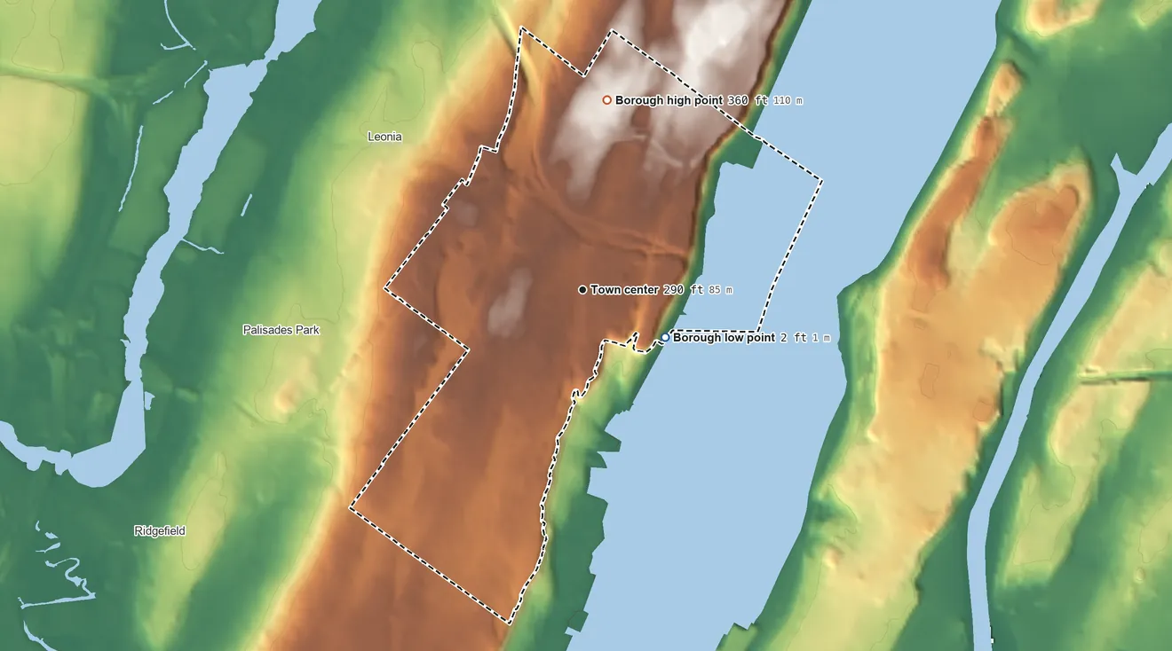 Topographic elevation map of Fort Lee, New Jersey, shaded from 2 ft on the southeast side to 360 ft on the north side