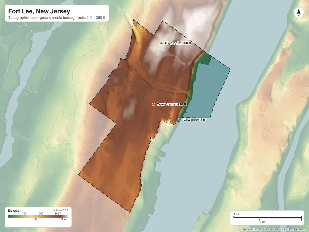 Topographic elevation map of Fort Lee, New Jersey, shaded from 2 ft on the southeast side to 360 ft on the north side