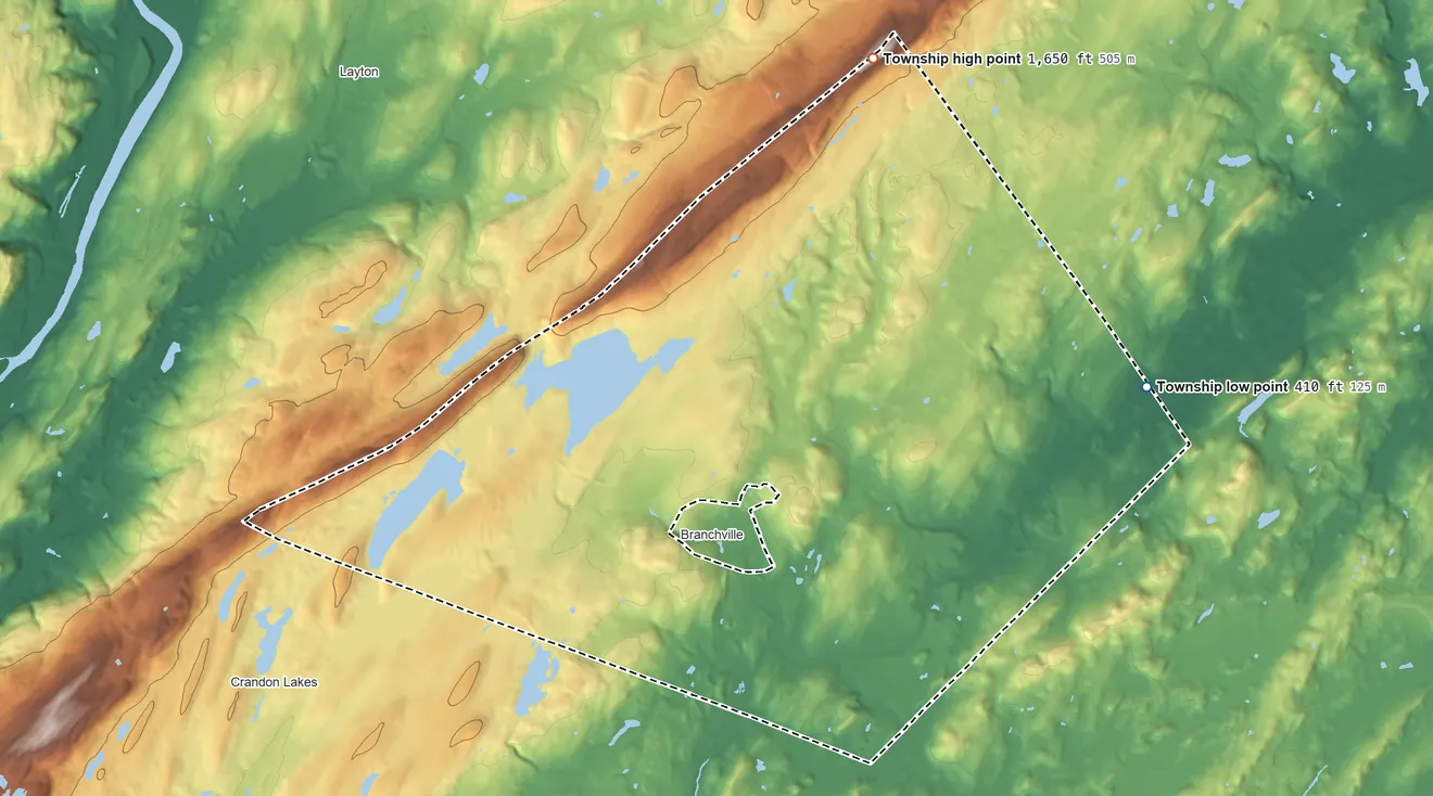 Topographic elevation map of Frankford Township, New Jersey, shaded from 410 ft on the east side to 1,653 ft on Sunrise Mountain