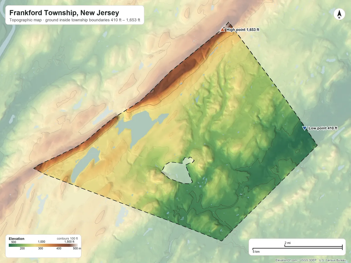 Topographic elevation map of Frankford Township, New Jersey, shaded from 410 ft on the east side to 1,653 ft on Sunrise Mountain