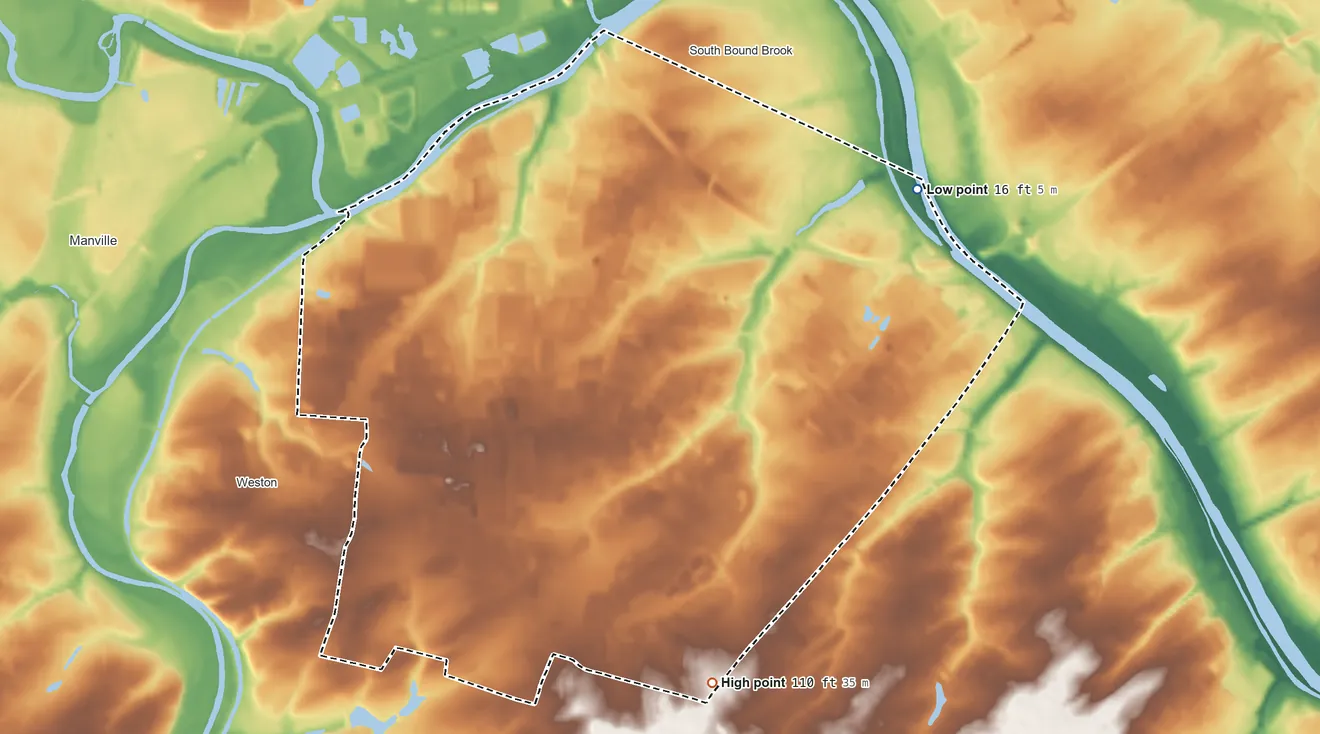 Topographic elevation map of Franklin Center, New Jersey, shaded from 16 ft on the northeast side to 110 ft on the south side