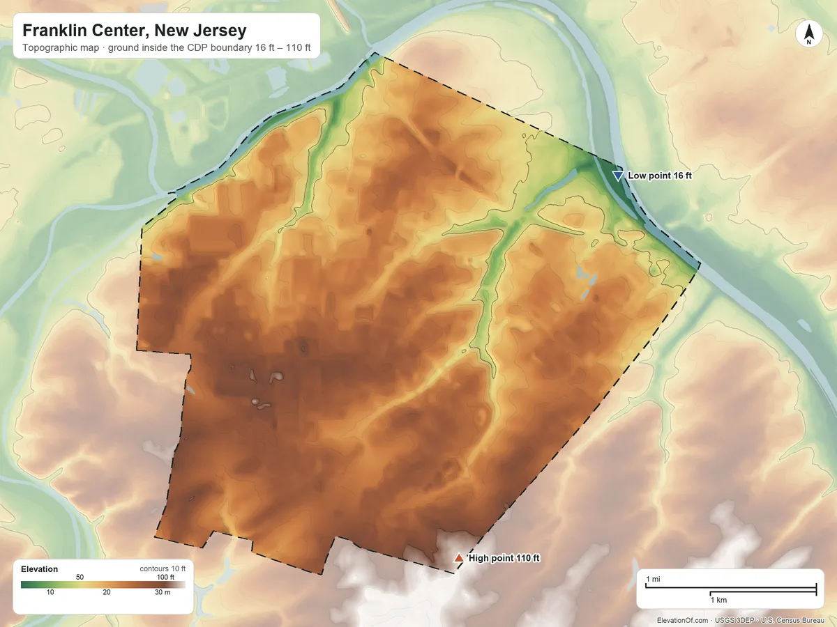 Topographic elevation map of Franklin Center, New Jersey, shaded from 16 ft on the northeast side to 110 ft on the south side