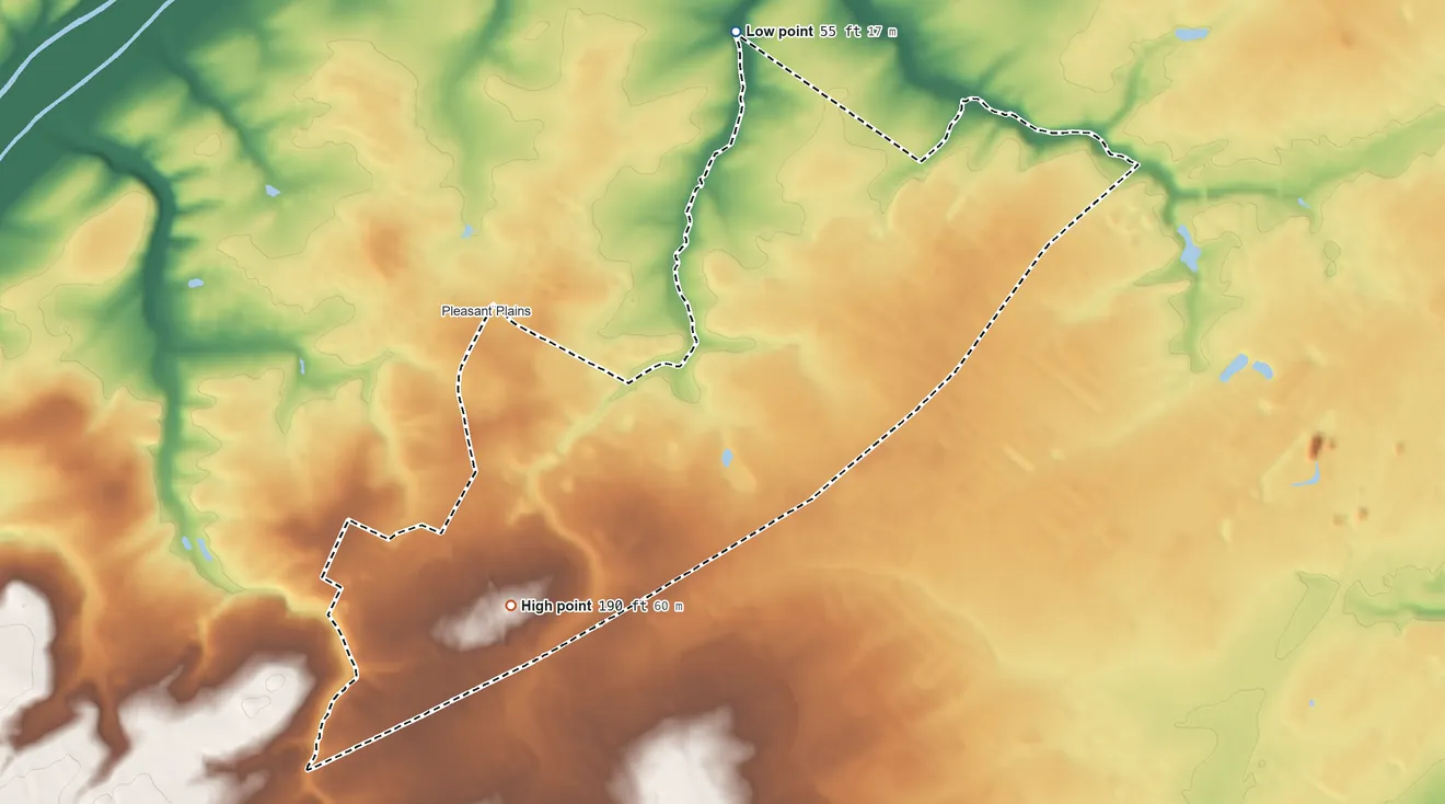 Topographic elevation map of Franklin Park, New Jersey, shaded from 55 ft on the north side to 190 ft on Bunker Hill