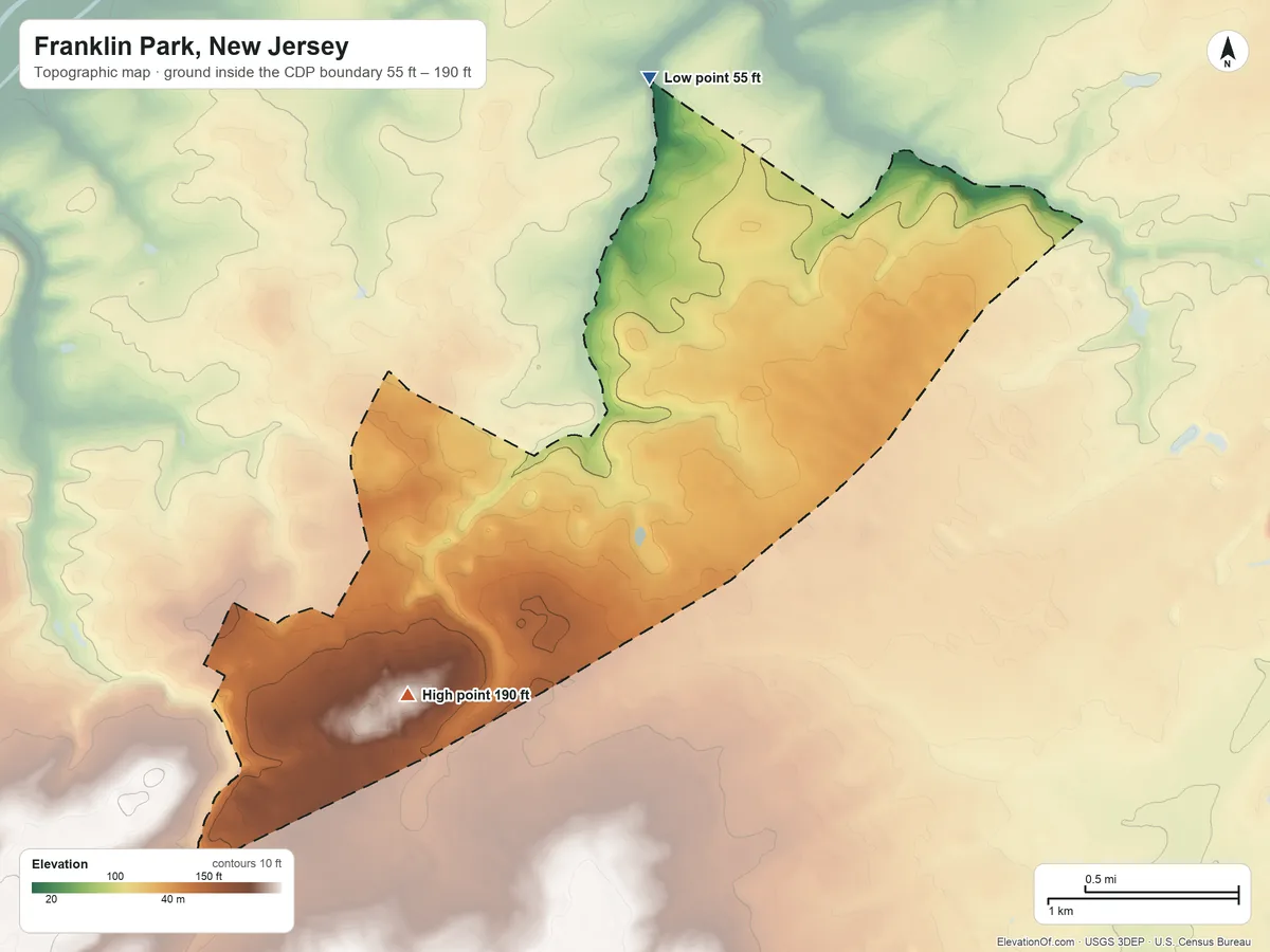 Topographic elevation map of Franklin Park, New Jersey, shaded from 55 ft on the north side to 190 ft on Bunker Hill