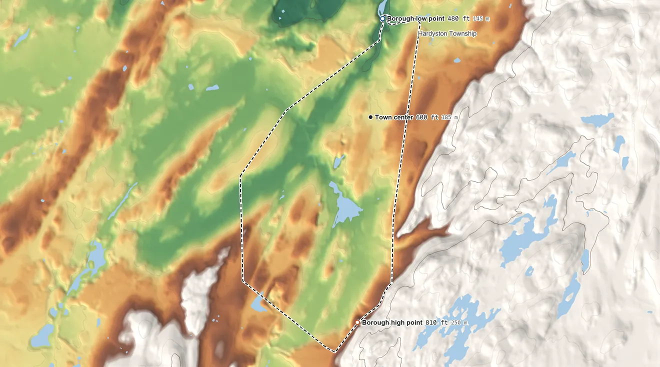Topographic elevation map of Franklin, New Jersey, shaded from 480 ft on the north side to 810 ft at the foot of the Pimple Hills