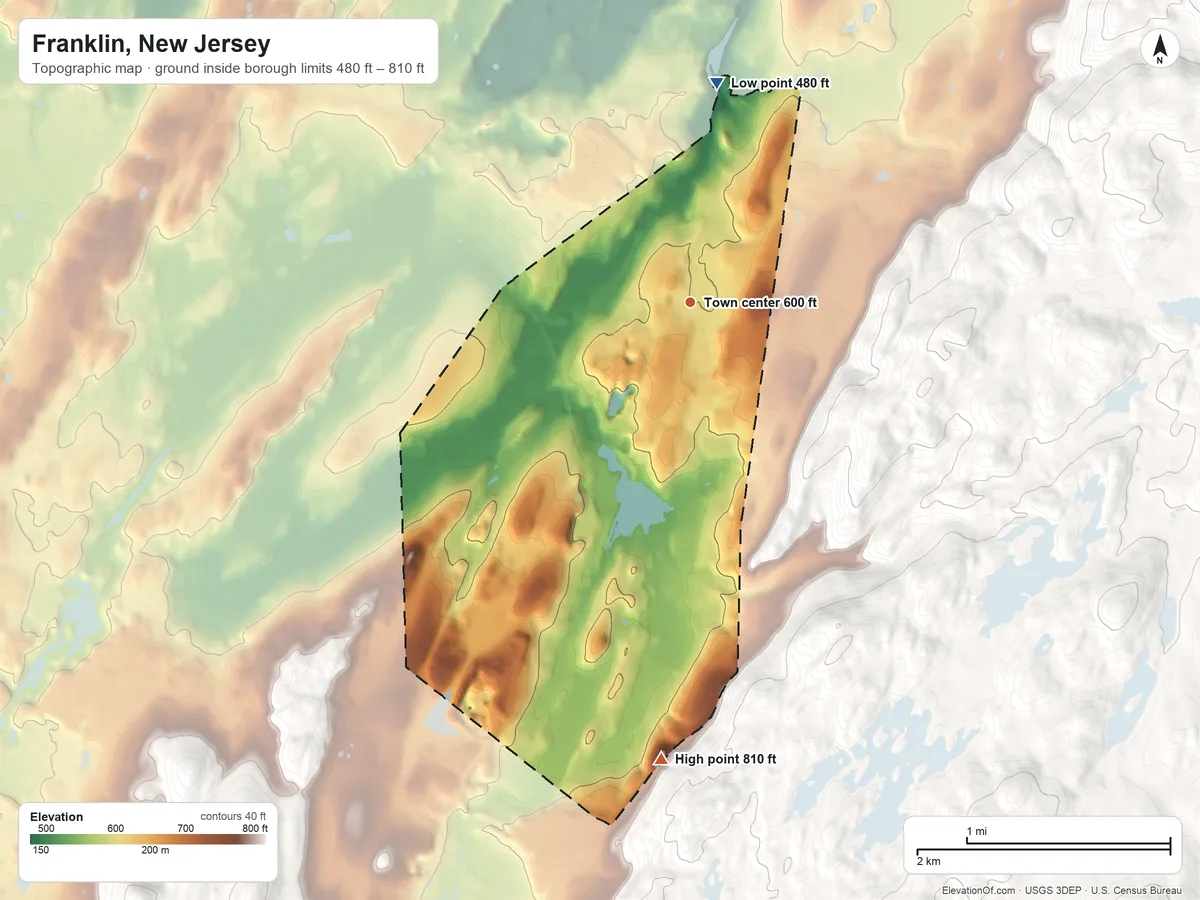 Topographic elevation map of Franklin, New Jersey, shaded from 480 ft on the north side to 810 ft at the foot of the Pimple Hills