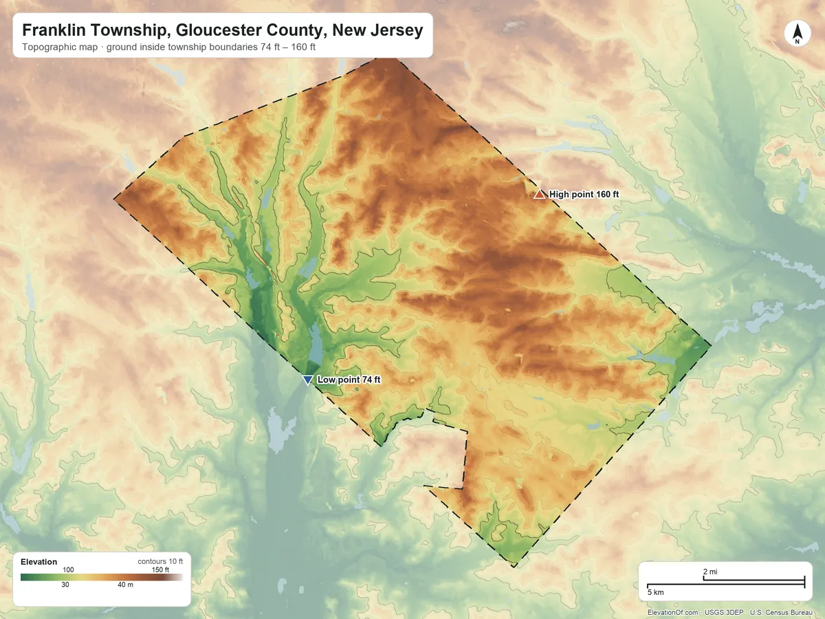 Topographic elevation map of Franklin Township, Gloucester County, New Jersey, shaded from 74 ft on the southwest side to 160 ft on the east side