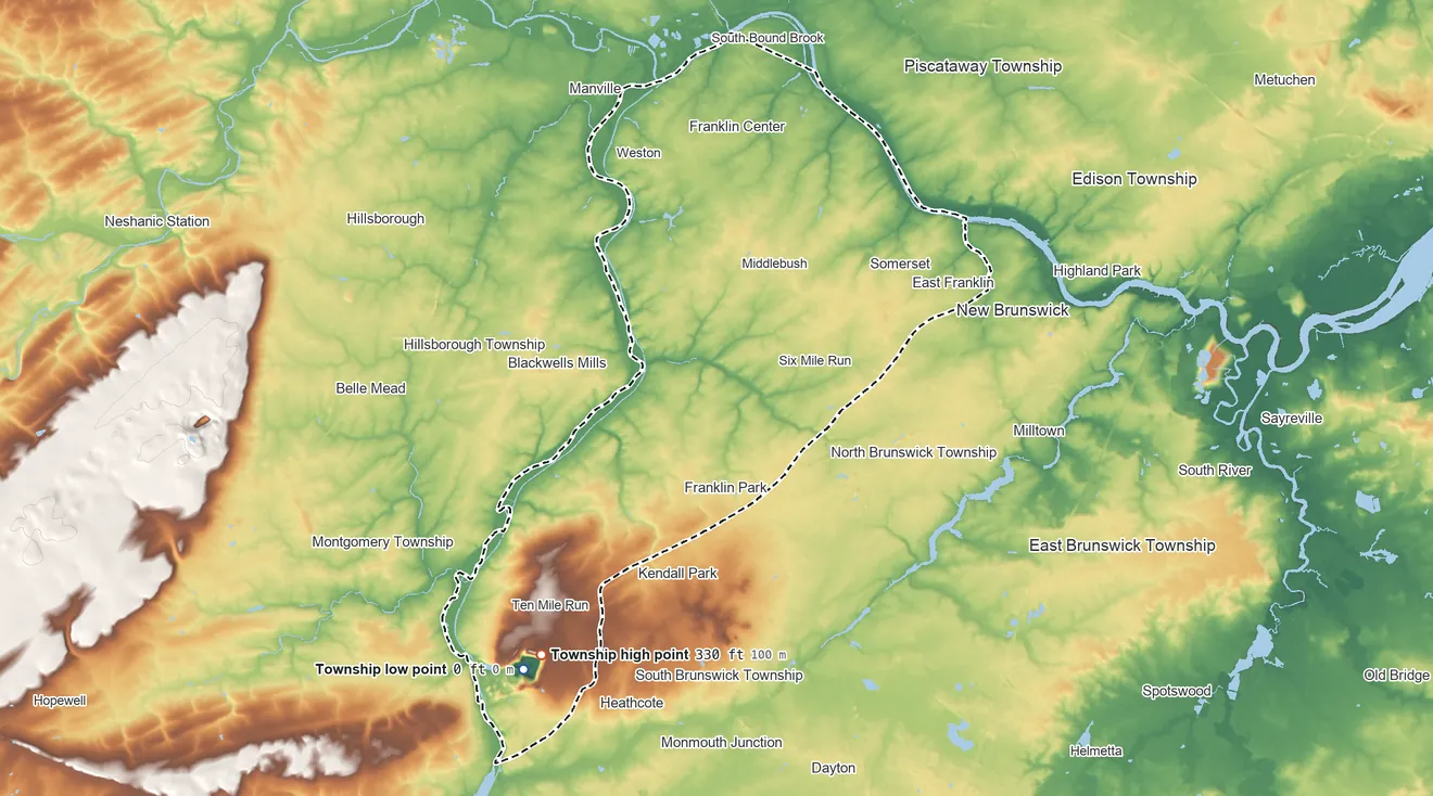 Topographic elevation map of Franklin Township, New Jersey, shaded from 0 ft on the southwest side to 330 ft on the southwest side