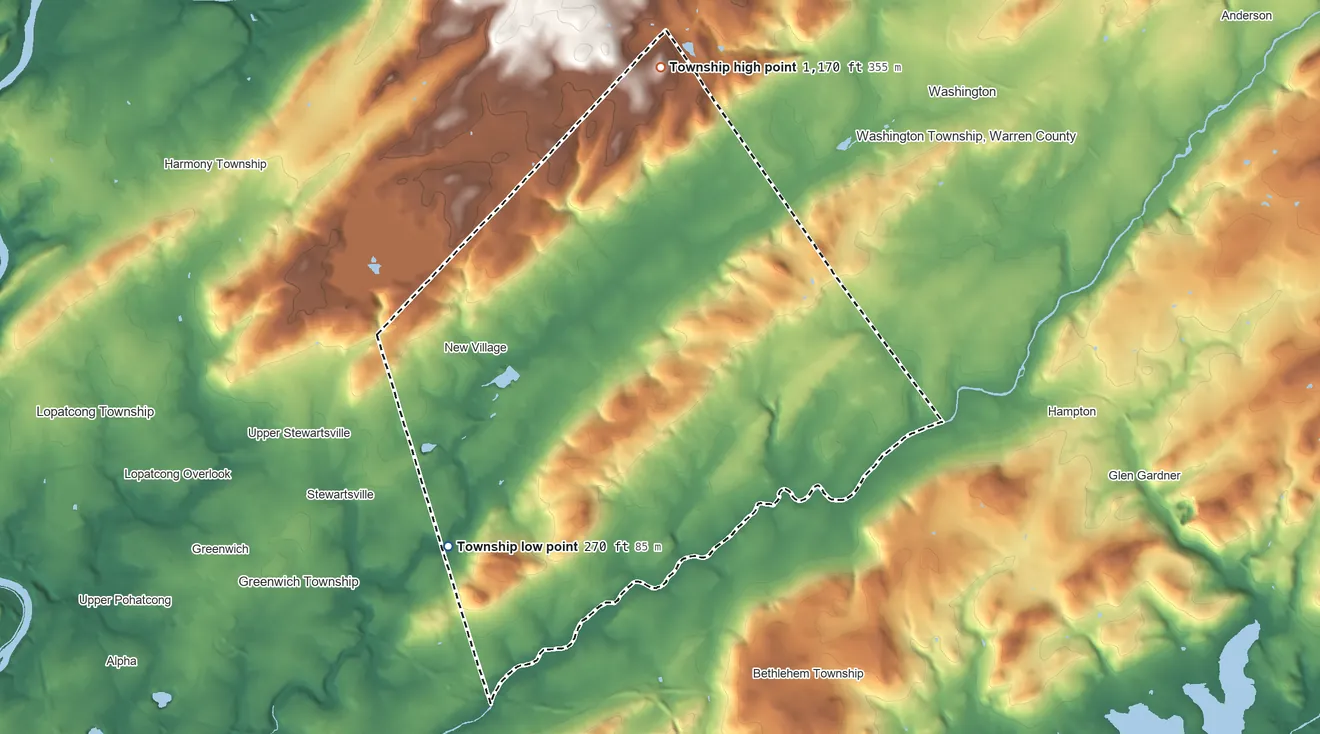 Topographic elevation map of Franklin Township, Warren County, New Jersey, shaded from 270 ft on the southwest side to 1,170 ft on the north side