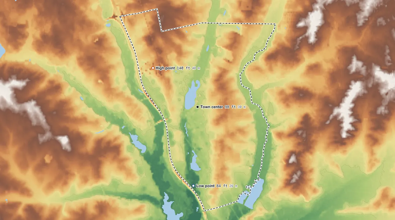 Topographic elevation map of Franklinville, New Jersey, shaded from 84 ft on the south side to 140 ft on the northwest side