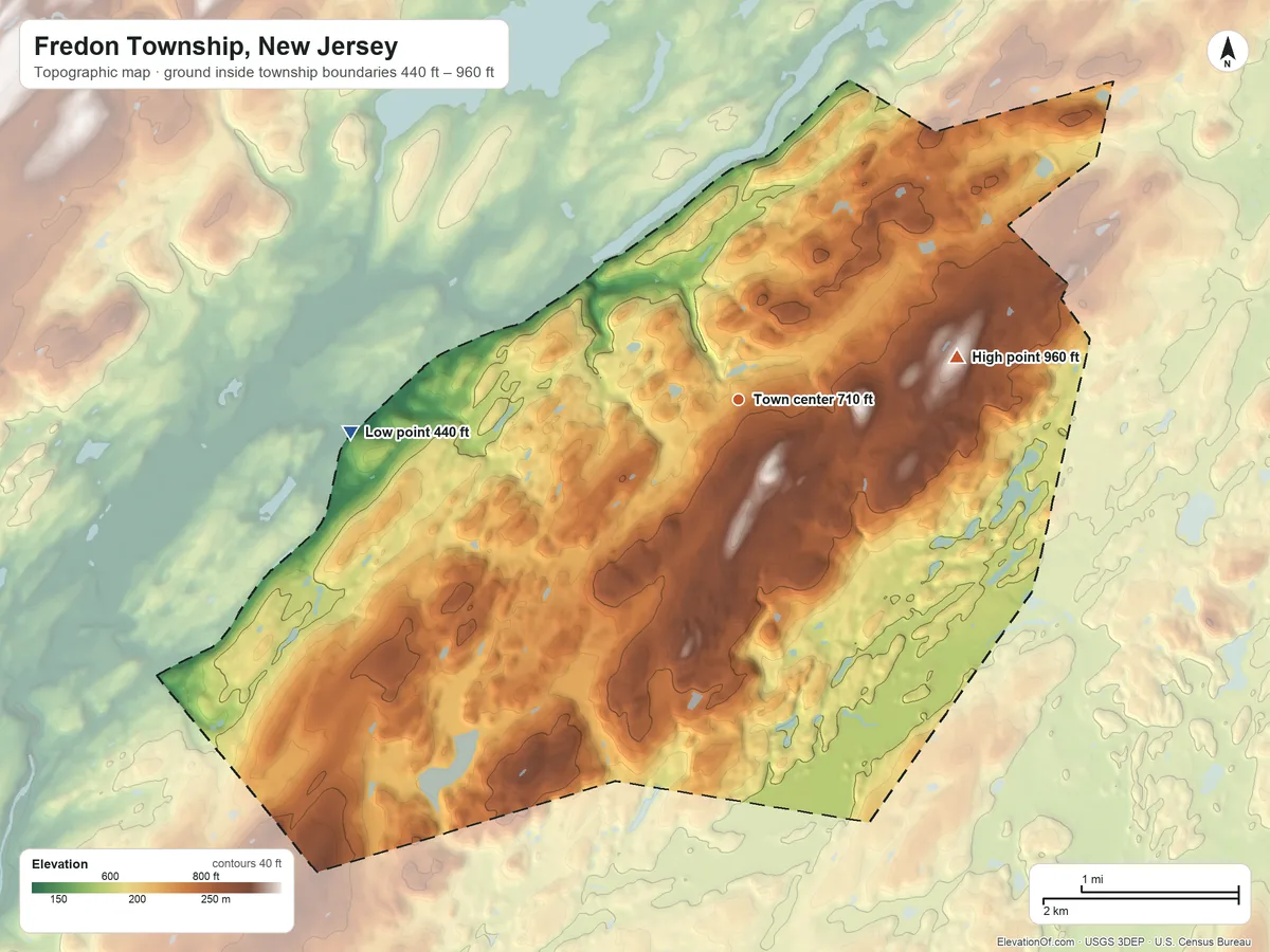 Topographic elevation map of Fredon Township, New Jersey, shaded from 440 ft on the west side to 960 ft on the east side