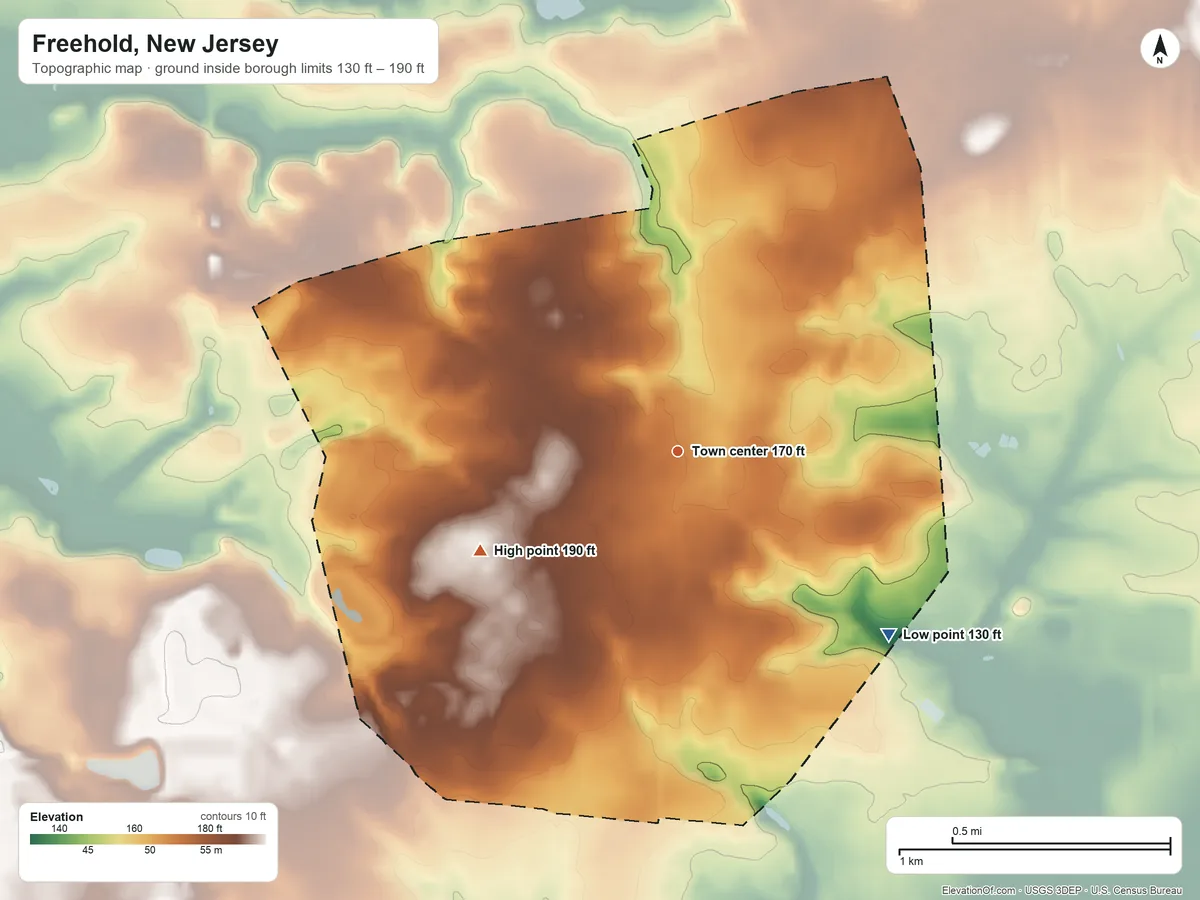 Topographic elevation map of Freehold, New Jersey, shaded from 130 ft on the southeast side to 190 ft on the southwest side