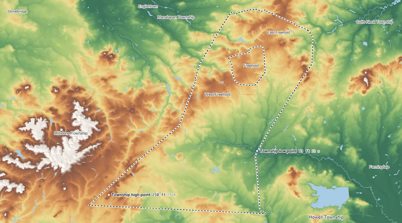 Topographic elevation map of Freehold Township, New Jersey, shaded from 73 ft on the south side to 250 ft on the southwest side
